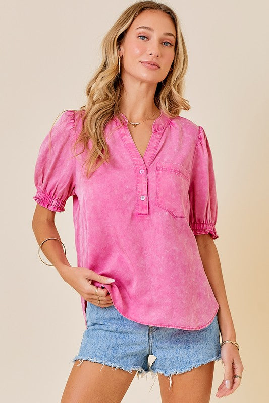 Arrived New V-Neck Tencel shirt Top with pockets Pink