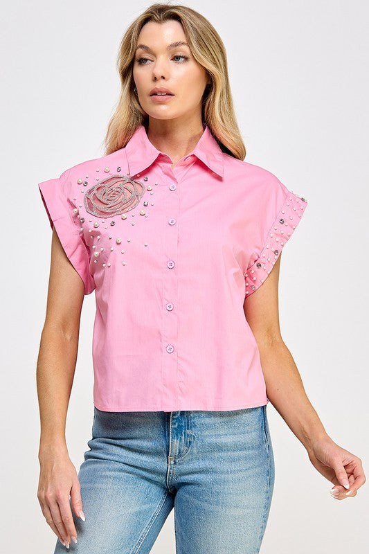 Arrived New Rhinestone detail button shirt Pink