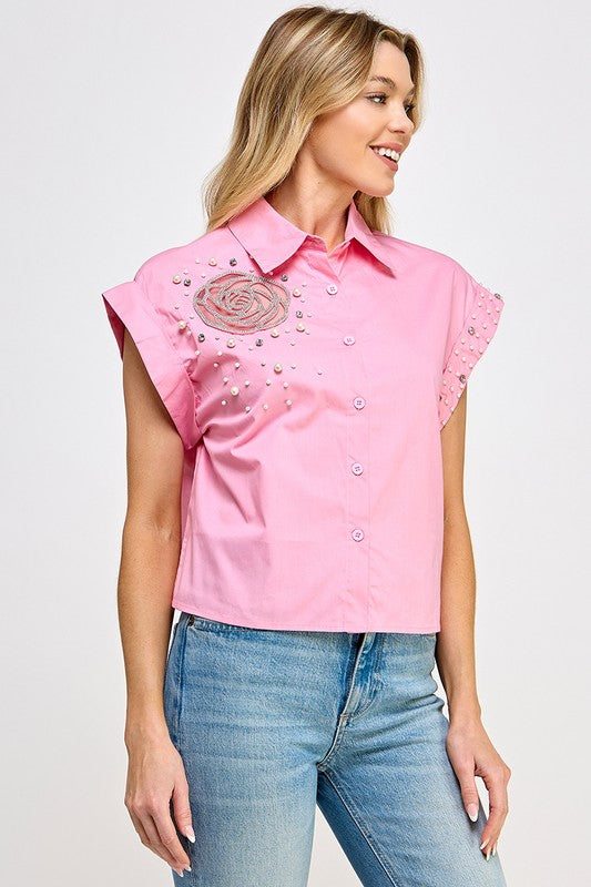 Arrived New Rhinestone detail button shirt Pink
