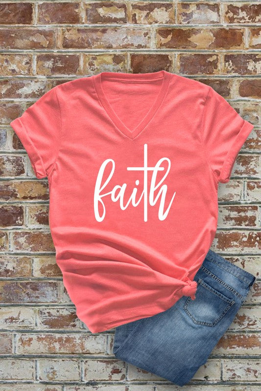 Arrived New Faith V neck T-shirt Coral