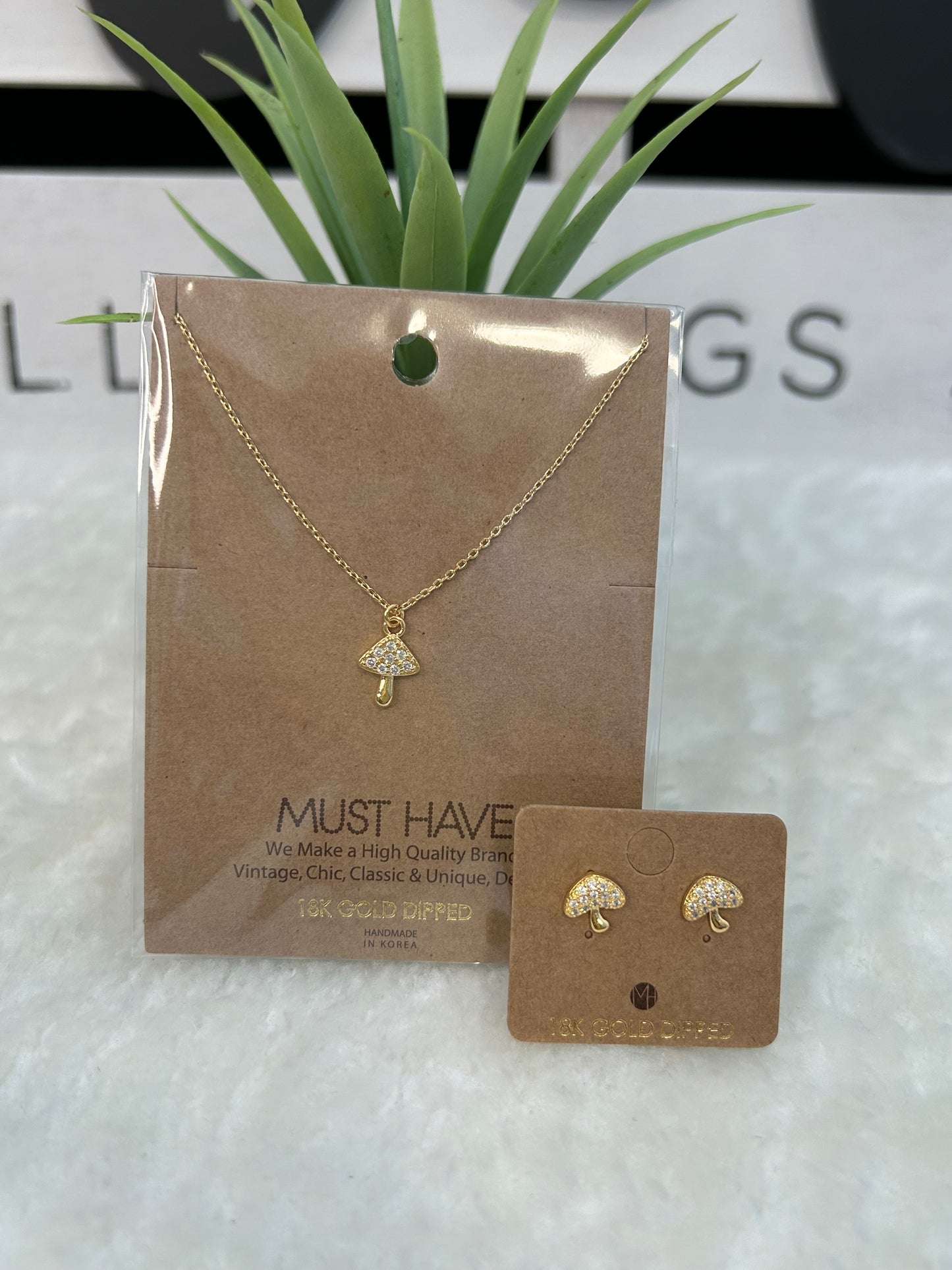 Set Necklace and Earring Mushroom 18K Gold Dipped